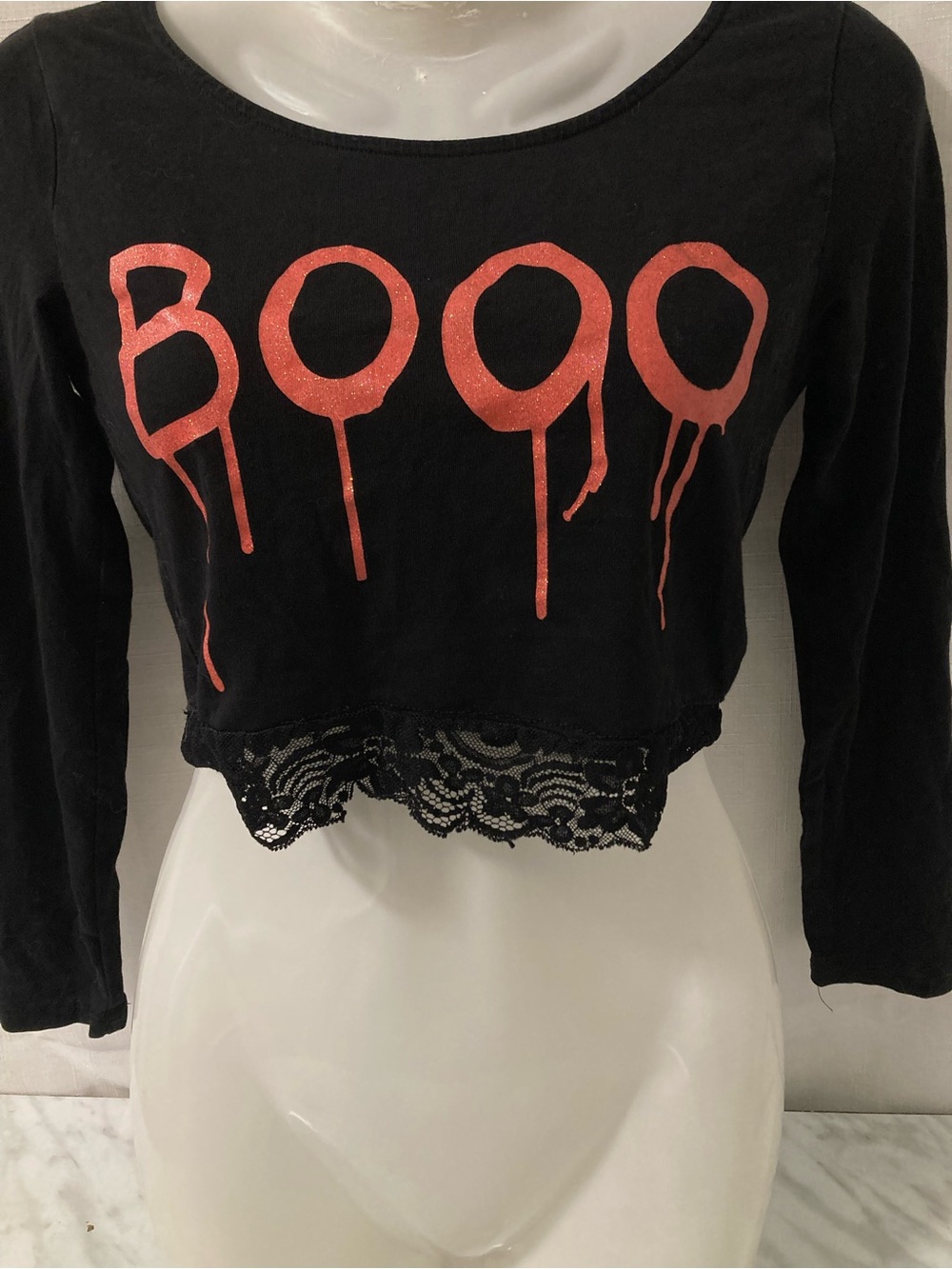 Divided Black BOOO Halloween Cropped Lace Long Sleeve Top S
